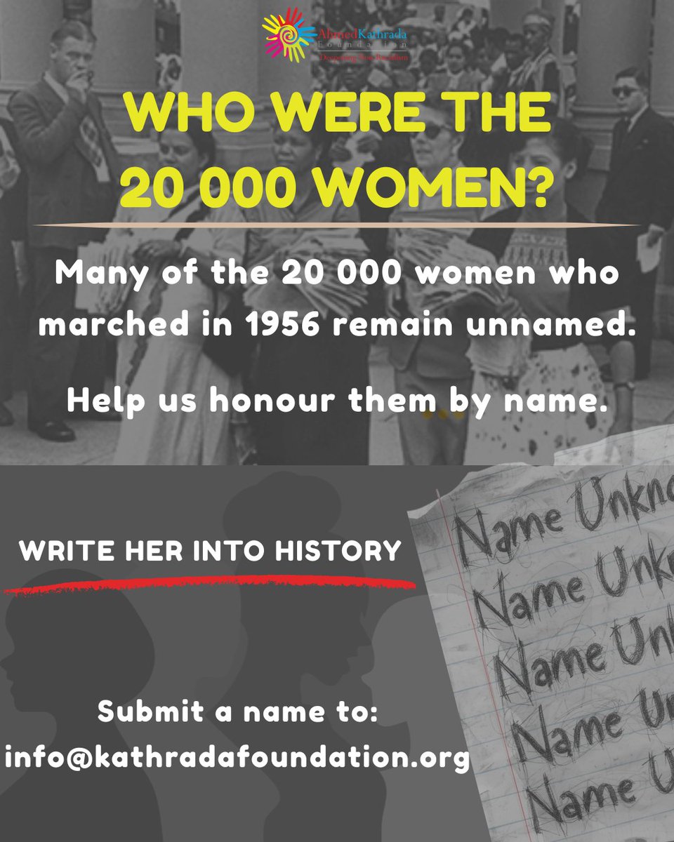 freedomparksa's tweet photo. In 1956, thousands of women marched to the Union Buildings, yet many remain unnamed.

Do you know one of them? Help write her into history.

Submit her name: info@kathradafoundation.org

#WriteHerIntoHistory
@KathradaFound https://t.co/jWCpsz0RU3