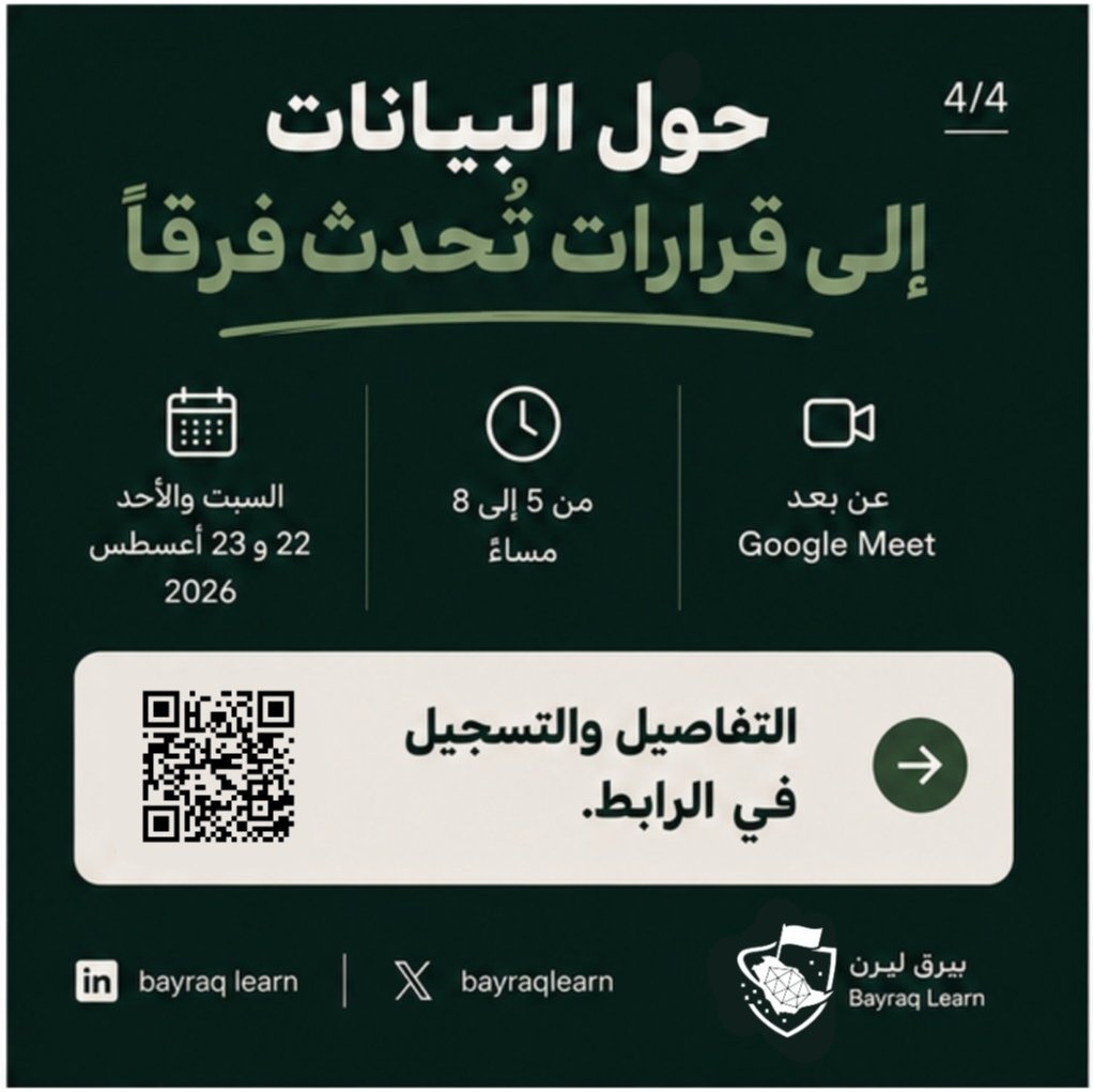 BayraqLearn's tweet photo. وش فعلًا تحتاج تتعلمه عشان تبدأ في تحليل البيانات باستخدام Power BI؟ 👀

الموضوع مو بس Dashboard ورسوم بيانية.

التحليل يبدأ من فهم البيانات وتجهيزها، مرورًا بالنمذجة واستخراج الـ Insights، وصولًا إلى تحويل النتائج إلى قرارات.

في السلسلة المرئية 👇 جمعت لكم أبرز محاور ورشة تحليل البيانات باستخدام Power BI من الأساسيات إلى التطبيق العملي وData Storytelling.

🎟️ التسجيل:
(https://t.co/9EbJZ9rZB5)

#PowerBI #تحليل_البيانات
#DataAnalysis #BusinessIntelligence #BayraqLearn