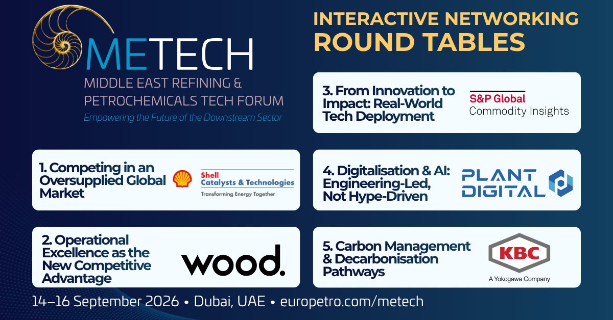 EuroPetro's tweet photo. 🤝 NETWORKING ROUNDTABLES | #METECH 2026
💬 Choose your table. Join the discussion. Share your experience.

https://t.co/g5ugAvjHuj

#Refining #Petrochemicals #Digitalisation #AI https://t.co/S2YDic0dc1