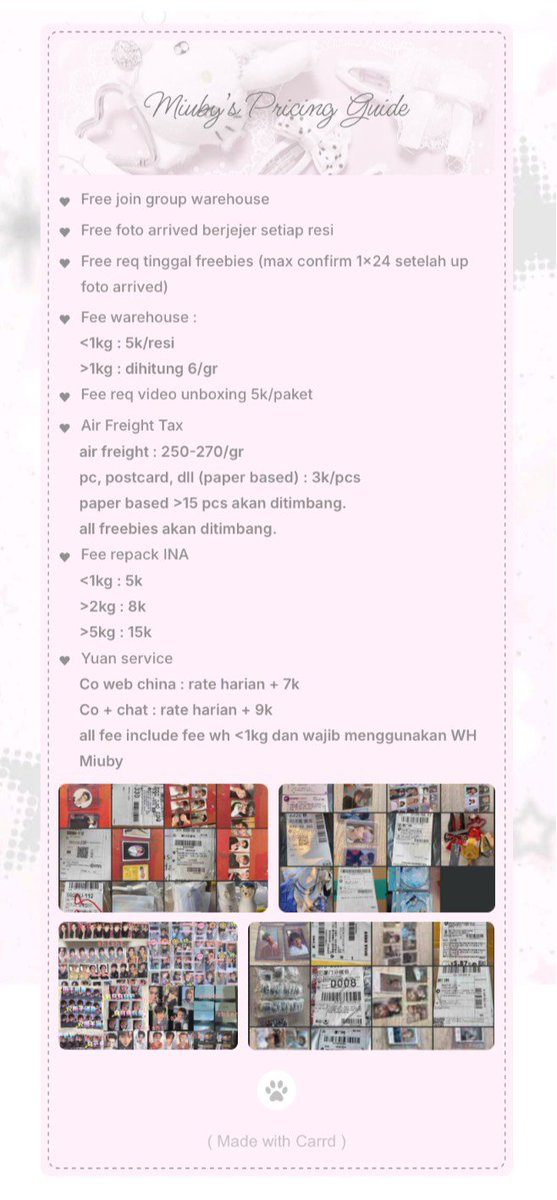 arbelvn's tweet photo. Miuby reborn WH CH yang ramah di kantong owner GO!💓 FREE join group WH! Cusss dikepoin🤩 @miuby_warehouse

- Air (270/gr) &amp; HC (250/gr) rutin 2-3x/bulan
✅Sharing &amp; Direct
✅China address rental
✅Fee wh 5k/resi, tax pc 3k/pc
https://t.co/ieZ5qkam9Y https://t.co/giGrfaZms3