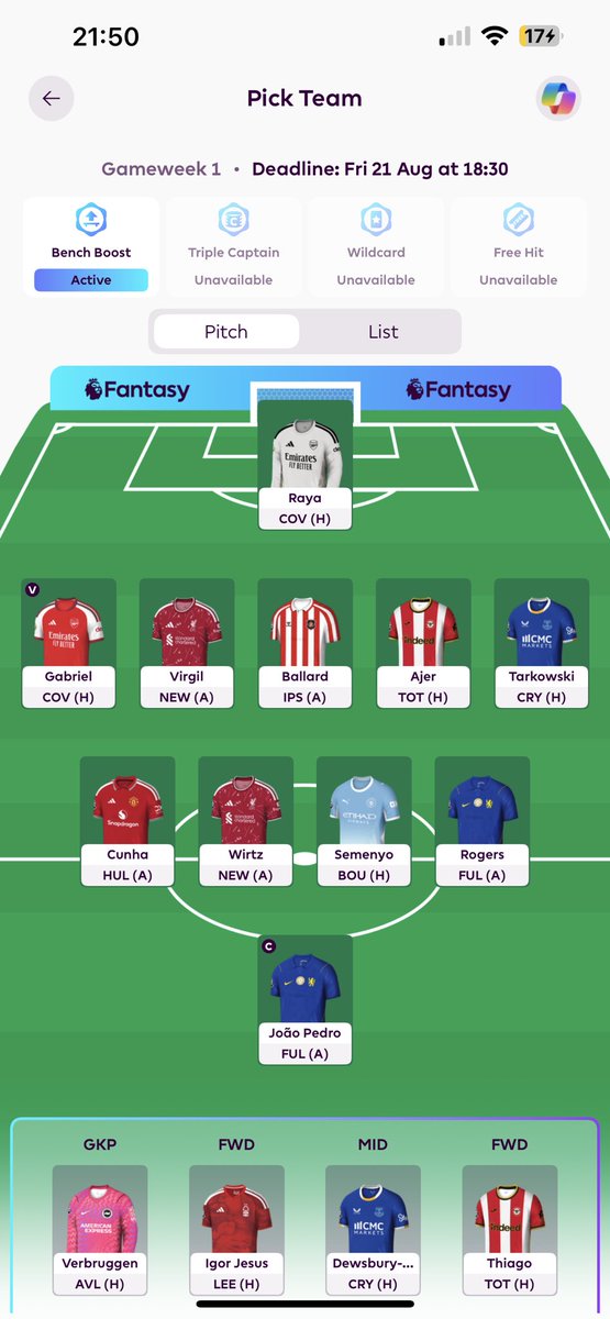 HarryJrWWFC's tweet photo. @FPL_Tay Taking a risk to start. If it all goes bad then I’ll Wildcard in GW3.

Unsure on wirtz currently. May even go Jesus to Barry https://t.co/TKKFkPRElg
