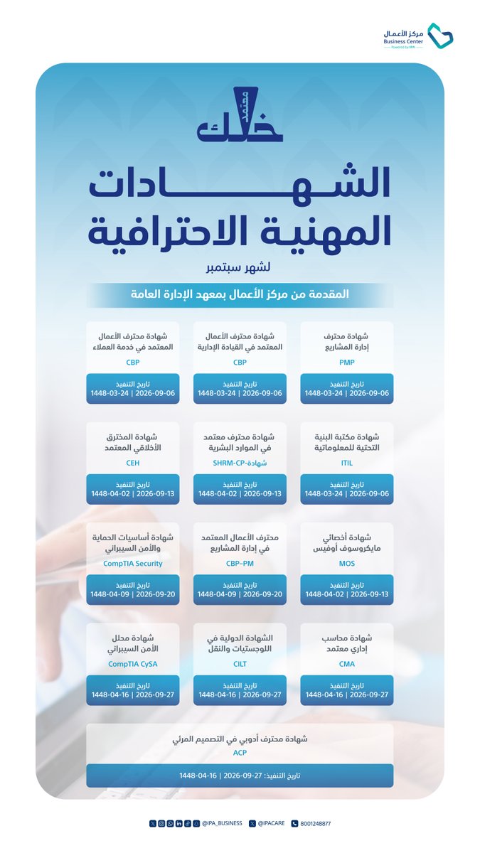 IPA_Business's tweet photo. الشهادات المهنية الاحترافية لشهر سبتمبر