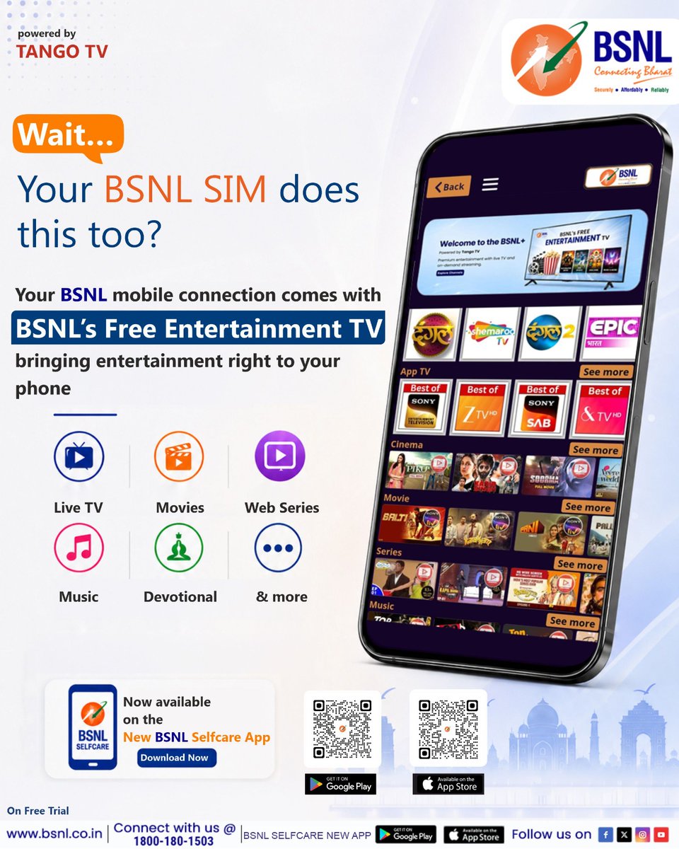 BSNLCorporate's tweet photo. Your BSNL SIM has a little entertainment surprise.

The web link for downloading the App is as follows:-

Android Playstore:–
https://t.co/DUPjF8UWrP...

iOS App Store Link:-
https://t.co/DhjFJ3MaOh

#BSNLIndia #BSNLSelfCareApp #InternetForEveryone #DigitalLife #IndiaOnline #BSNLServices #SmartIndia #EverydayConnectivity #TangoTV @CMDBSNL @robertravi21
