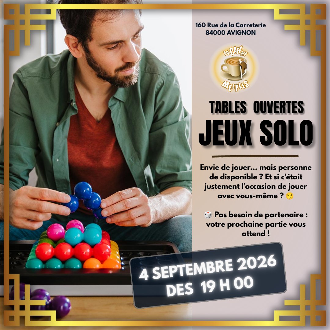 cafe_meeples_84's tweet photo. 🎲🧩 TABLE OUVERTE — JEUX SOLO !

Vous aimez les jeux de société… mais parfois, difficile de trouver des joueurs disponibles ? 😏

Le vendredi 4 septembre, venez profiter d'une soirée dédiée aux jeux solo au Café des Meeples !

#CafedesMeeples #Avignon #JeuxDeSociete #JeuSolo https://t.co/y84W4aIviO