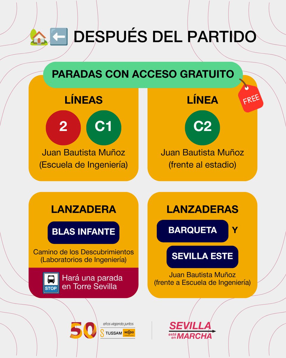 tussamoficial's tweet photo. ⚽ Este viernes 21 de agosto: @RealBetis - @RealSociedad en La Cartuja.

🚌 TUSSAM refuerza y amplía el horario de 2, C1 y C2.

Además:
• Lanzadera Estadio-Blas Infante, antes y después.
• Lanzaderas Estadio-Barqueta y Estadio-Sevilla Este, tras el partido.
• Salida del estadio gratuita desde las paradas de refuerzo.

📍 Consulta las gráficas para localizar las paradas.
ℹ️ Más información: https://t.co/7XybTcp1Xp

#TUSSAM #RealBetis #LaCartuja #Sevilla