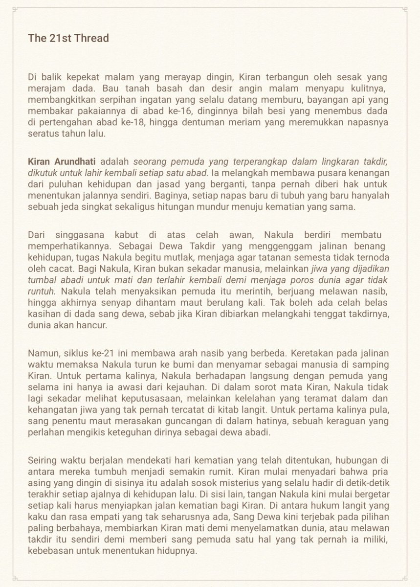 thipeonyy_'s tweet photo. Geonseo Au

– Kiran (js), manusia yang dikutuk lahir kembali setiap 100 tahun, membawa kenangan samar tentang kehidupan sebelumnya.
Nakula (gw), dewa takdir yang ditugaskan untuk menjaga keseimbangan dunia, termasuk memastikan Kiran selalu mati pada waktu yang telah ditentukan. https://t.co/o7KrZk8szr