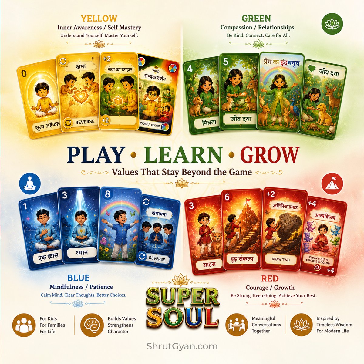 ShrutGyan's tweet photo. ✨ Launching SUPER SOUL: The Card Game That Builds Character! ✨

Looking for a fun game time favorite that teaches positive habits? 🃏❤️

Super Soul combines fast-paced card-matching with inspiring mini-challenges—teaching kids kindness, patience, and mindfulness while they p... https://t.co/sWfuvBF2Er