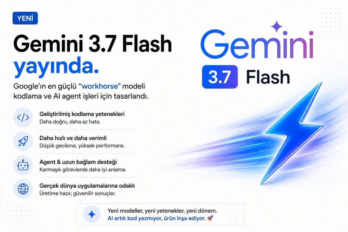 vsengull's tweet photo. AI model yarışı artık sadece "hangisi daha zeki?" yarışı değil.

Gemini 3.7 Flash'ın odağında kodlama ve AI agent görevleri var.

Claude Code, Codex, Gemini...

Bir yıl önce AI'a kod yazdırıyorduk.

Şimdi hangi AI'ın bizim yerimize ürünü inşa edeceğini seçmeye başlıyoruz.

Asıl değişim bence burada. 🚀

#Gemini #AI #VibeCoding #BuildInPublic