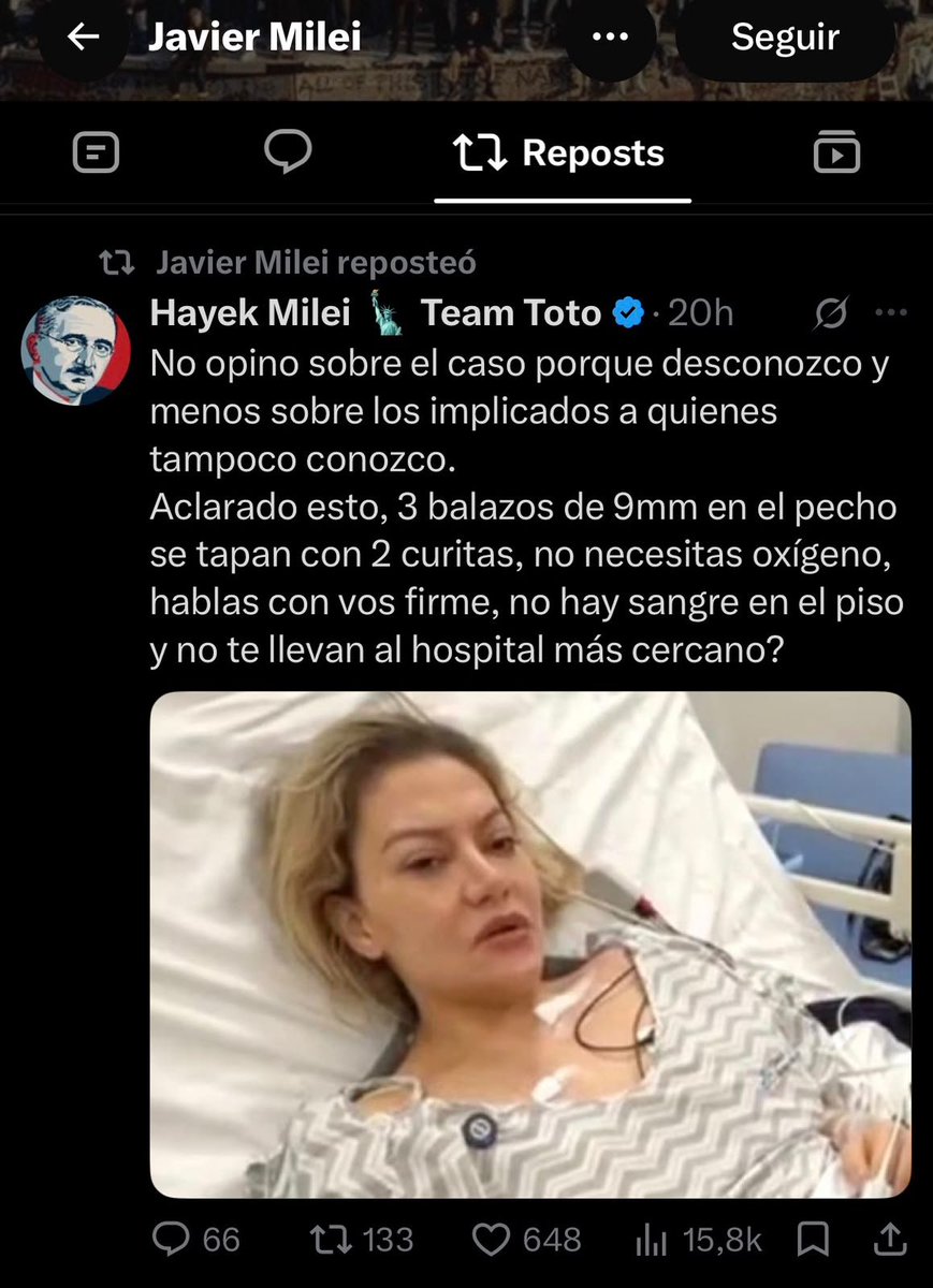 somoscorta's tweet photo. Javier Milei reposteó otros dos tuits que ponen en duda el testimonio de Nadia Beller, la expareja de Fernando Cerimedo baleada en Bolivia.