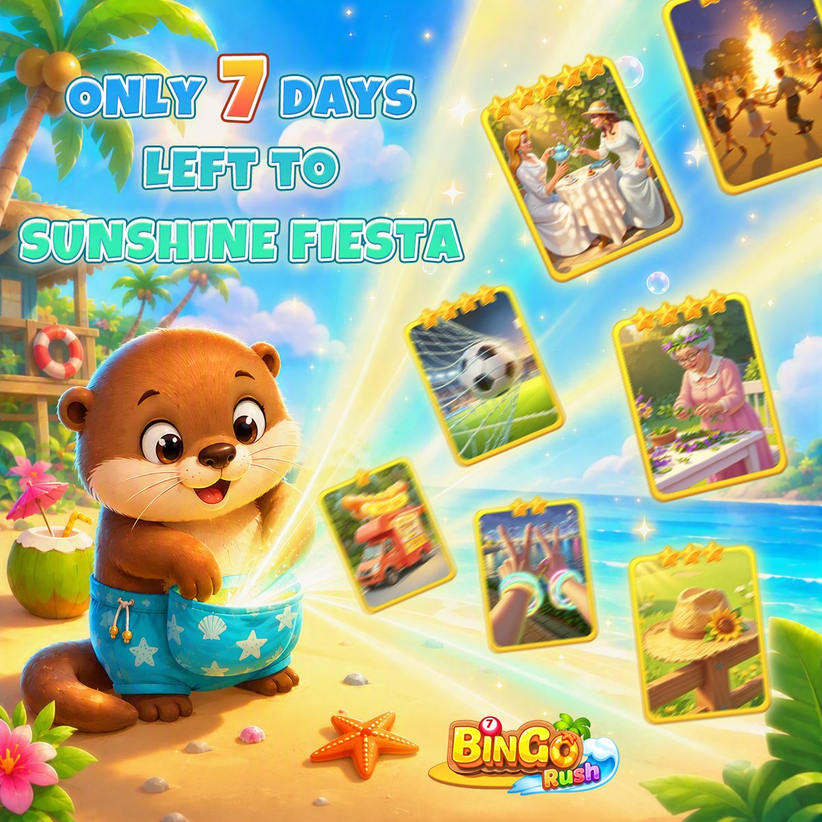 BingoRushGame's tweet photo. ⏰Less than 7 days left in Sunshine Fiesta!☀️

Your otter companion is waiting in Regular Games to sprint for those final Gallery rewards with you! Trigger its power with Bingos to daub more numbers and snag awesome card packs.🃏

Brand-new Gallery features will be coming soon!🍂 https://t.co/7tjmE0NzQm