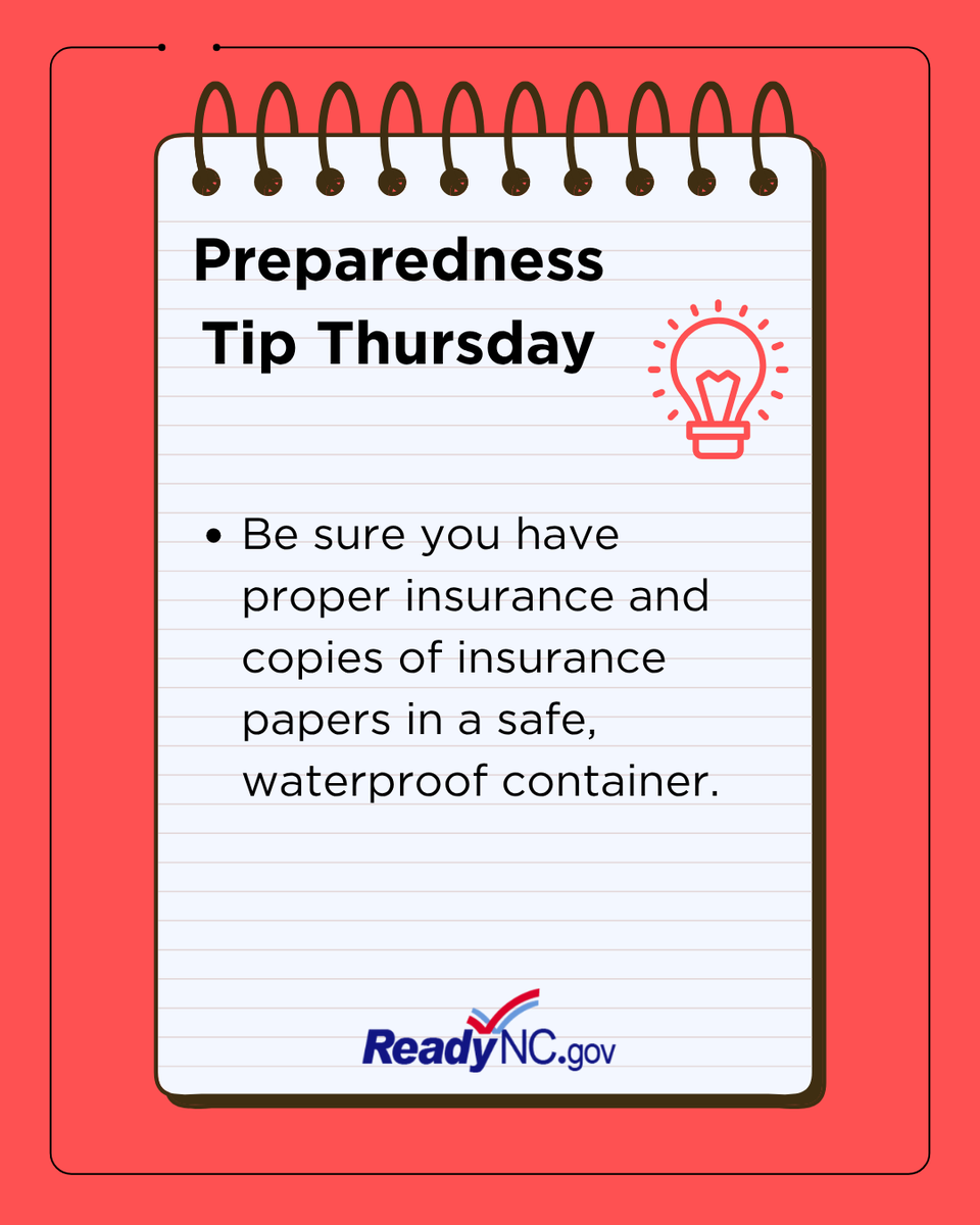 NCEmergency's tweet photo. 🚨 Preparedness Tip Thursday 🚨
You can store documents in a waterproof/fireproof container or safety deposit box. Portable waterproof bags are also useful for evacuation.
Planning ahead can help protect your property and peace of mind.
#ReadyNC #PreparednessTipThursday https://t.co/Y67m96NDo4