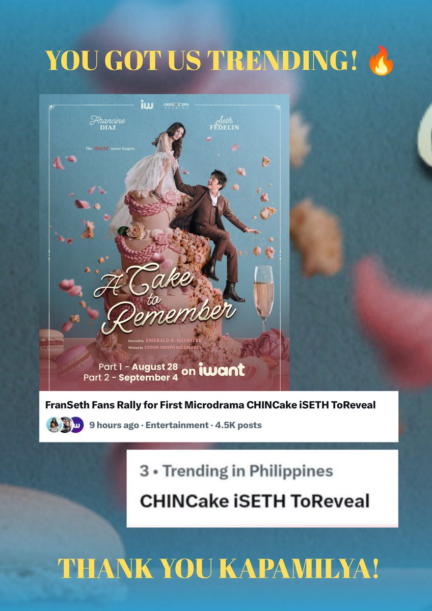 JRBcreativeprod's tweet photo. You got us TRENDING! 

Celebrating the A Cake to Remember poster reveal with some of your tweets on X! 🎉

Thank you, Kapamilya, for all the support, excitement, and amazing reactions to the poster reveal. We’re so happy to see how much you’re excited to watch #ACaketoRemember💖 https://t.co/Yl2eJJqsA9