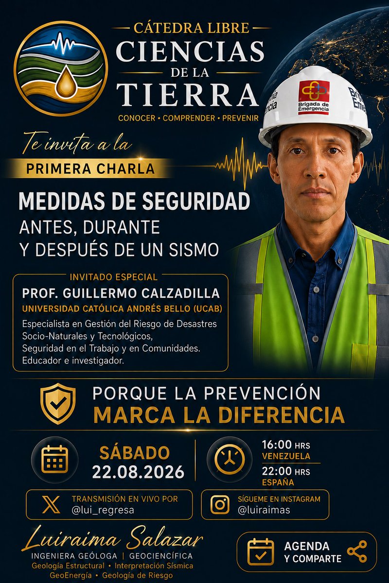 lui_regresa's tweet photo. Alfabetización Geocientífica • #Sismos  

CÁTEDRA LIBRE DE CIENCIAS DE LA TIERRA

Lo prometido es deuda. Y pronto comenzamos.

Cuando propuse crear esta Cátedra Libre de Ciencias de la Tierra lo hice con un propósito muy claro, acercar las geociencias a la gente y que la ciudadanía se apropien del conocimiento.

Quiero que aprendamos a mirar el territorio de otra manera.  A entender qué ocurre bajo nuestros pies, cómo funciona nuestro planeta, por qué "tiembla", por qué se producen deslizamientos, cómo se forman nuestras montañas, qué información guarda el subsuelo, que recursos tenemos y nos ocultan y, sobre todo, cómo ese conocimiento puede ayudarnos a convivir mejor con los procesos naturales.

Mi objetivo es darles las herramientas básicas para comprender cómo funciona nuestro planeta, para que nadie pueda engañarlos con falsas explicaciones ni ocultarles lo que ocurre bajo nuestros pies.  Aprenderemos a distinguir ciencia de especulación, a buscar evidencias y a entender que conocer la Tierra es también aprender a protegernos y a protegerla.

Y para comenzar, he querido hacerlo hablando precisamente de prevención.

Este sábado 22.08.2026 tendremos nuestra charla inaugural:

MEDIDAS DE SEGURIDAD ANTES, DURANTE Y DESPUÉS DE UN SISMO

Nuestro invitado será el Prof. Guillermo Calzadilla, de la Universidad Católica Andrés Bello (UCAB), especialista en Gestión del Riesgo de Desastres Socio-Naturales y Tecnológicos, Seguridad en el Trabajo y Comunidades.

📆 Sábado 22.08.2026
🕓 16:00 h • Venezuela
🕙 22:00 h • España

📍 En vivo por X: @lui_regresa
📒 Material por  IG: @luiraimas

Esta Cátedra nace para enseñar, divulgar, preguntar, compartir y construir conocimiento accesible para todos.

Porque los terremotos no podemos impedirlos ni mucho menos predecirlos, pero sí podemos aprender a reducir nuestra vulnerabilidad. Porque la prevención marca la diferencia.

Los espero. 

Ing. Geóloga Luiraima Salazar
__________
El link del Spaces será publicado el próximo viernes 21.08.  Estén pendiente para agendarlo.