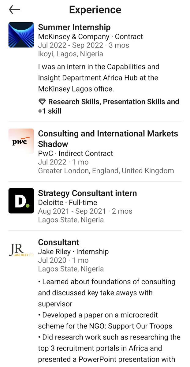 omoafe's tweet photo. Here is the Linkedin experience of another - Oge Elumelu

This generation of the Nigerian super wealthy know how to expose their kids to global opportunities and it is good to see https://t.co/QwmpvUKl4s