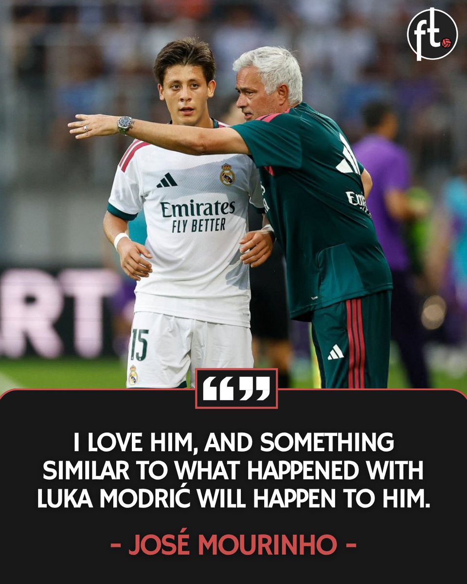 Footballtweet's tweet photo. 🧠 José Mourinho on the role he has planned for Arda Güler:

🗣️ Mourinho: "I love him, and something similar to what happened with Luka Modrić will happen to him. 

You start out as a '10', attacking, and in the end you'll finish as an '8' or a '6'... with his understanding of the game, that's the role Arda will have."