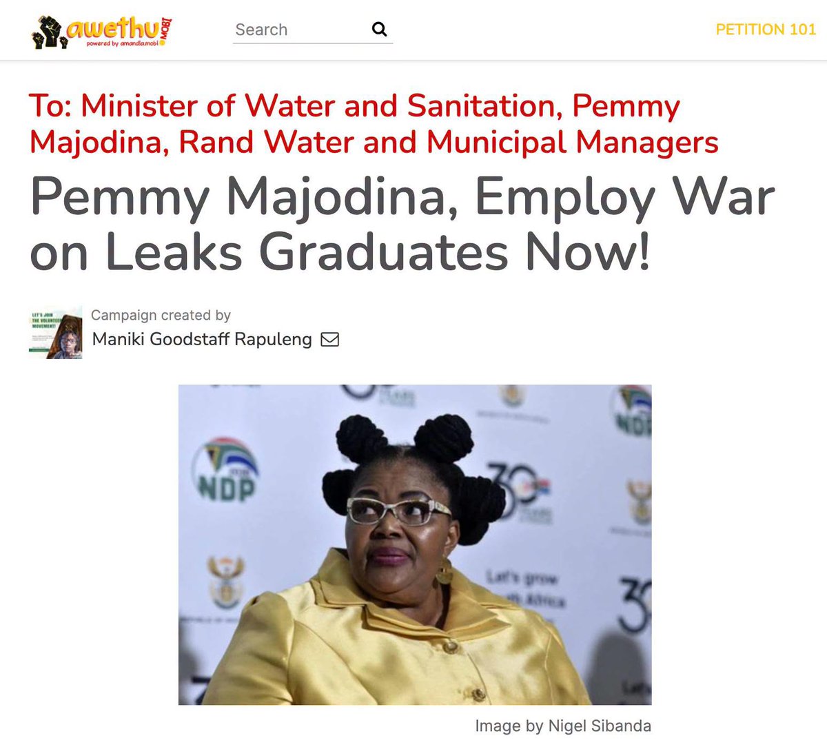 AmandlaMobi's tweet photo. [Petition]: Thousands of young people  have completed the War on Leaks Programme launched in 2015, with the expectation of gaining practical experience and contributing to improving water services in the country.

But now, many of the graduates remain unemployed despite having valuable skills, while communities continue to experience water shortages, leaking infrastructure, and service delivery challenges.

Mzanis has a water crisis, and one of the major causes is leaking pipes. Yet there are thousands of graduates who have been trained to fix these leaks but aren't being employed to do so. War on Leaks graduates are ready to put the skills they have earned to use and are now calling on the government to employ them to help fix the water-leak crisis across the country.

Stand with them by adding your name to the petition here: https://t.co/xWnC5HnWkS.

#TogetherForJustice ✊🏾