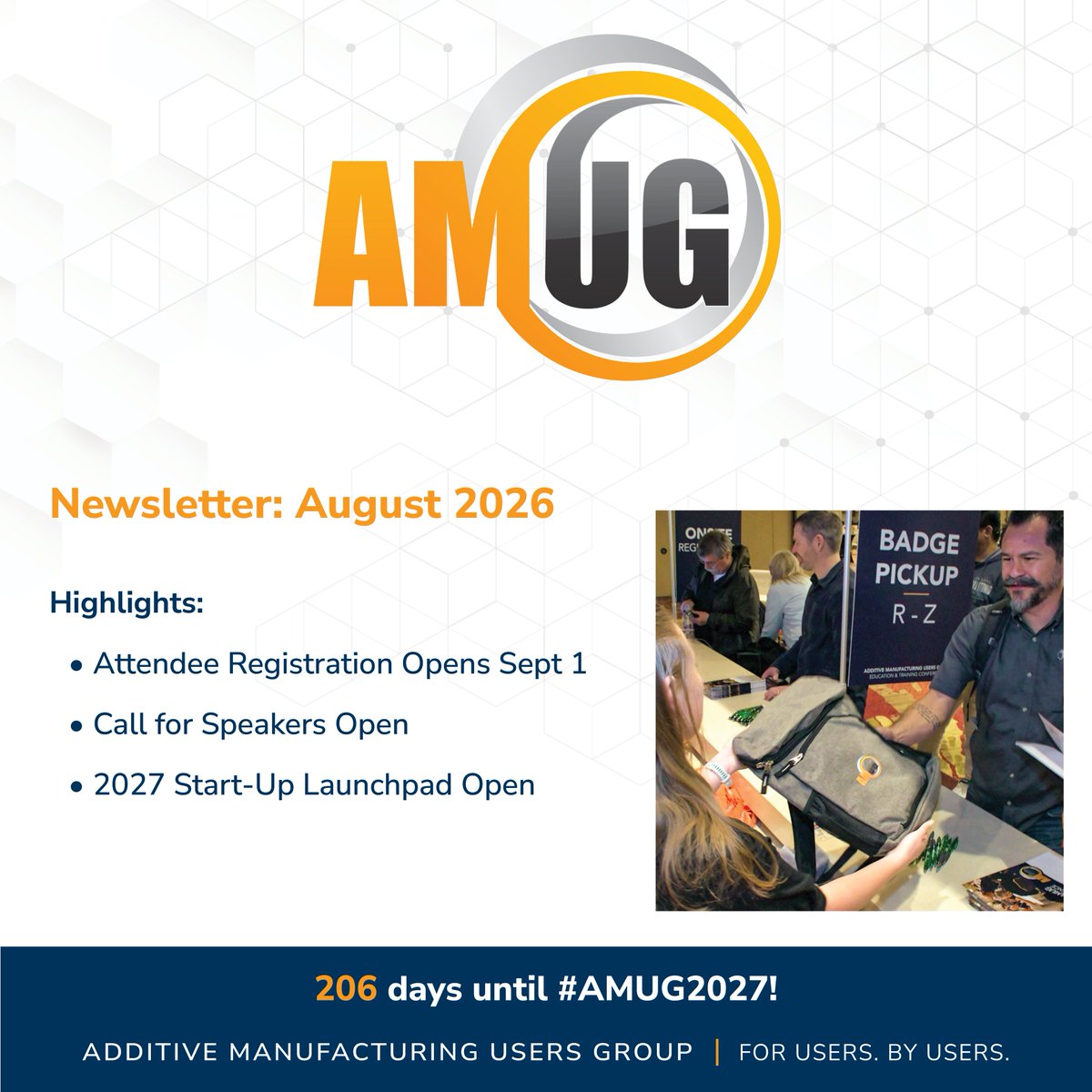 AdditiveMFGUG's tweet photo. The August 2027 #AMUG Newsletter is out!

From the AMUG President, "There’s a lot happening behind the scenes right now, and the excitement is definitely starting to build." 

https://t.co/7wcQpEzASy

#AMUG2027 #ForUsersByUsers
#additivemanufacturing https://t.co/2gSWkl3ufG