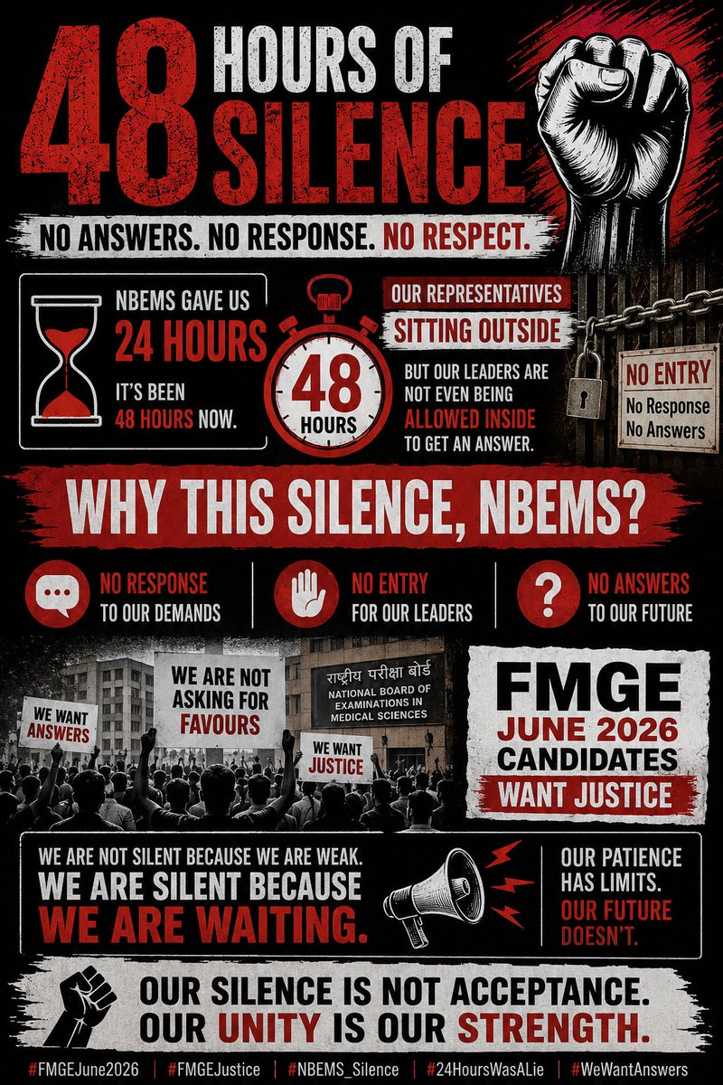 pkpansia's tweet photo. 48 hours of silence. No answers. No response.

FMGE students deserve justice, transparency &amp; accountability. We demand answers, fair evaluation and a fair.

Our silence is not acceptance. Our unity is our strength. ✊

#FMGE #FMGEJune2026 #JusticeForFMGE #WeWantAnswers #NBEMS https://t.co/wz7tI2l7wN