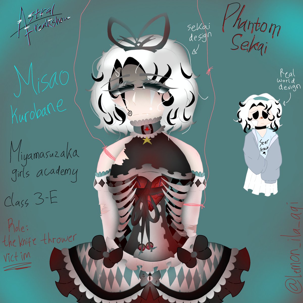 polipancake's tweet photo. Name: Misao Kurobane / Kurobane Misao
School : Miyamasuzaka girls academy
Class : 3-E
Unit : Astral Freakshow
Sekai : Phantom Sekai
Theme : glitched/corrupted dark circus
Song inspo for char : gomenne gomenne by kikuo
Role : the victim for the knife thrower
#pjsk #fanunit https://t.co/SeOdWniTTY
