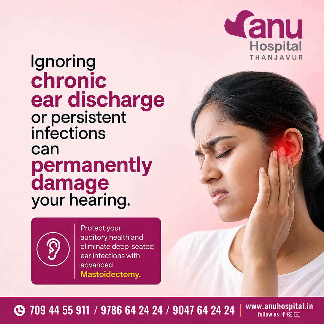 anu_hospitals's tweet photo. Persistent ear discharge or recurring infections? 👂 Chronic middle ear infections can damage the mastoid bone and affect hearing. Anu Hospital, Thanjavur provides advanced mastoidectomy care with HD surgical microscopes to protect your hearing. Book today! 🏥✨

📞 7094455911 https://t.co/Mg9Cj6LZ7s