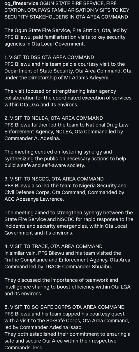 OG_FireService's tweet photo. OGUN STATE FIRE SERVICE, FIRE STATION, OTA PAYS FAMILIARISATION VISITS TO KEY SECURITY STAKEHOLDERS IN OTA AREA COMMAND

The Ogun State Fire Service, Fire Station, Ota, led by PFS Bilewu, paid familiarisation visits to key security agencies in Ota Local Government. https://t.co/knkPoZfecq