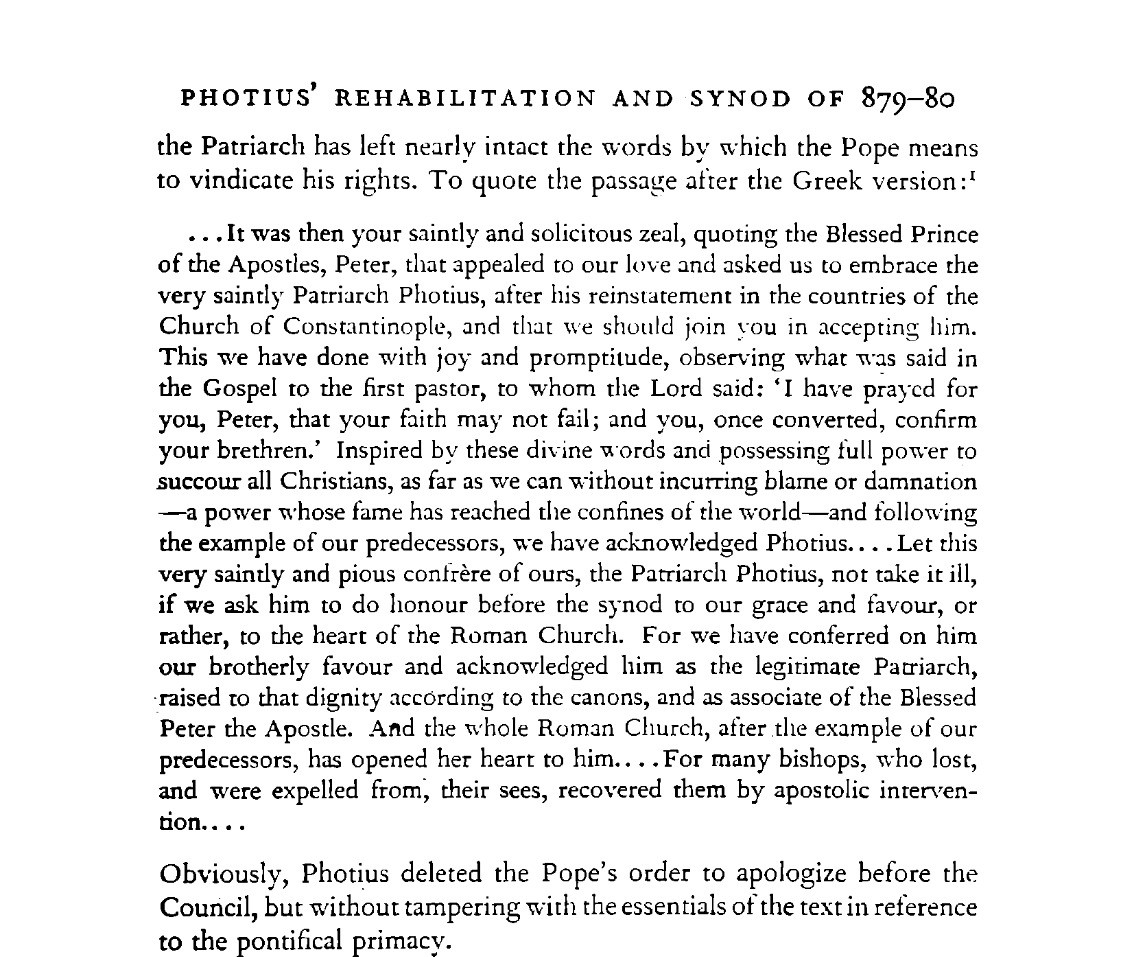 jzzpere's tweet photo. Interesting excerpts from Fr. Francis Dvornik’s The Photian Schism (pp. 182–185), which seem to show that Photius and the Greeks of his time believed the Pope possessed a Primacy of Jurisdiction over the entire Church by virtue of his succession from St. Peter. https://t.co/K6QiCw1CXW
