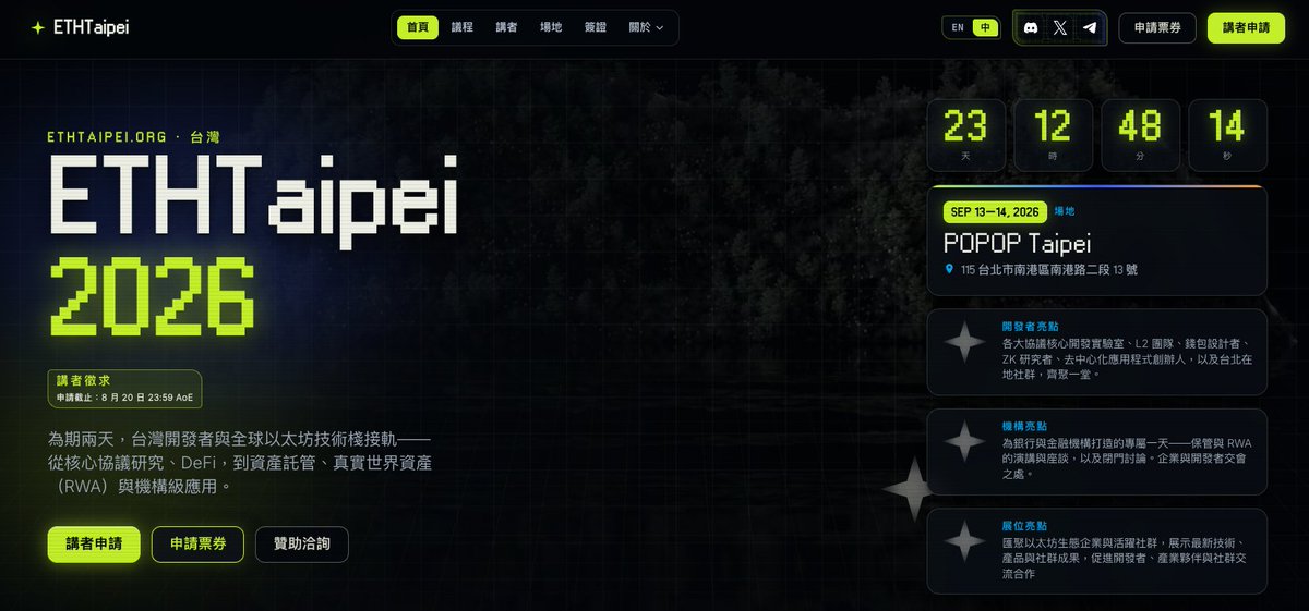 Node_Z_'s tweet photo. ETHTaipei 2026 邁入第四屆！首設機構日，Polymarket、Uniswap 等國際頂尖團隊齊聚台北！

台灣年度最大 @ethereum 開發者盛會 @ETHTaipei 2026 將於 9 月 13 日至 14 日在南港瓶蓋工廠盛大舉行！今年活動首度以「雙日雙主題」策展，串聯最前沿的鏈上技術與機構金融趨勢！

���論你是對底層協議、DeFi 感興趣的技術開發者，還是想探索 RWA、Web3 商業落地機會的夥伴，千萬不能錯過這場年度交流盛會！

🎯 為什麼一定要來 ETHTaipei 2026？
✅ 頂尖講者陣容：Polymarket、Uniswap、以太坊基金會、ChainSafe、LINE NEXT、CertiK、OneSavie Labs、Quantstamp、Across Protocol、PIF12 等團隊講者來台！
✅ 雙日雙主題策展：
- 9/13 Cryptonative Day：核心協議、L2 擴容、ZK 隱私、帳戶抽象、DeFi、AI Agent 等硬核技術乾貨
- 9/14 Institution Day：機構級錢包與託管、RWA 與美股代幣化、穩定幣風險管理、金融機構鏈選擇
✅ 第一線實體 Networking：與國內外頂尖開發者、創業者、研究員及社群面對面交流
✅ 走進 Web3 產業最佳跳板：深入了���產業最新技術脈動與實務應用機會！

🌏 Community Day｜集結台灣 × 亞洲社群
9 月 13 日下午同步打造 Community Day，串連台灣與亞洲各地的社群，透過台灣／亞洲兩場 Panel、White Paper Reading Marathon（Privacy、MCP + Constellation、DID、Digital Asset Treasury），以及社群 Showcase，帶你認識更多有趣的社群、拓展自己的社群人脈！

📍 活動資訊
・活動時間：2026/9/13（日）～ 9/14（一）
・活動地點：南港瓶蓋工廠（POPOP Taipei）
・報名連結：https://t.co/CzruFmz0yE
・官方網站：https://t.co/XM1VGt5gpL

席次有限，想參與今年以太坊年度盛會的朋友們趕快點擊 Luma 報名搶先卡位！🔥