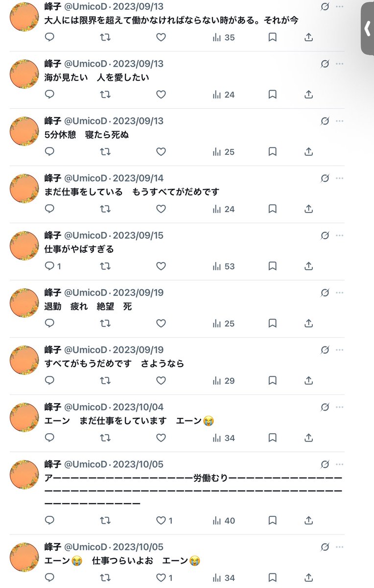 UmicoD's tweet photo. 長時間労働の常態化がいかに人の生活と心身を破壊するか見て🥹

働いて働いて働いた結果、甲状腺疾患、リンパ節炎、子宮筋腫、十二指腸潰瘍、動脈剥離をやりました🥹 https://t.co/t1oP4PmgOC