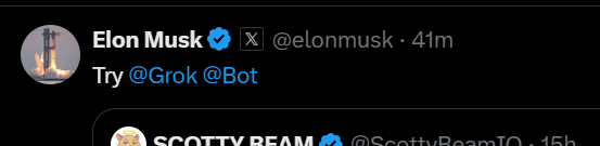 Memeinvestigate's tweet photo. Okay guys I am curious. 

Can he even say anything else? All I see is grok bot.

This is way too bullish. https://t.co/GGqLez3MUL