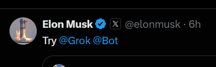 Memeinvestigate's tweet photo. Okay guys I am curious. 

Can he even say anything else? All I see is grok bot.

This is way too bullish. https://t.co/GGqLez3MUL