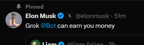 Memeinvestigate's tweet photo. Okay guys I am curious. 

Can he even say anything else? All I see is grok bot.

This is way too bullish. https://t.co/GGqLez3MUL