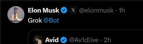 Memeinvestigate's tweet photo. Okay guys I am curious. 

Can he even say anything else? All I see is grok bot.

This is way too bullish. https://t.co/GGqLez3MUL