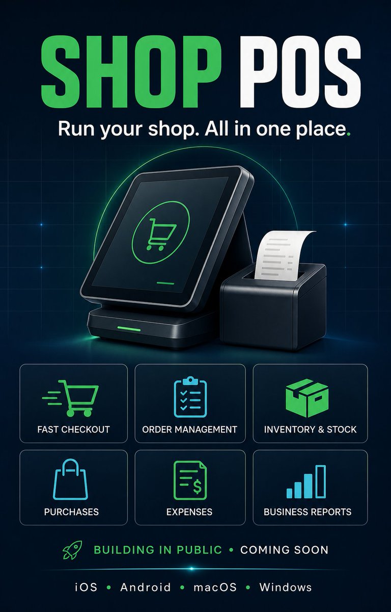 vijayGangoni's tweet photo. Shop POS is coming soon 🚀
Fast checkout, orders, inventory, purchases, expenses and reports—in one app for independent shops. #MobileApp
🤖 Android: early Sep
🍎 iOS + macOS: Sep 9
🪟 Windows: Sep 16
Building in public for #Shipathon2026.
#BuildInPublic #ShopPOS @RevenueCat https://t.co/vgSiFx9gvO