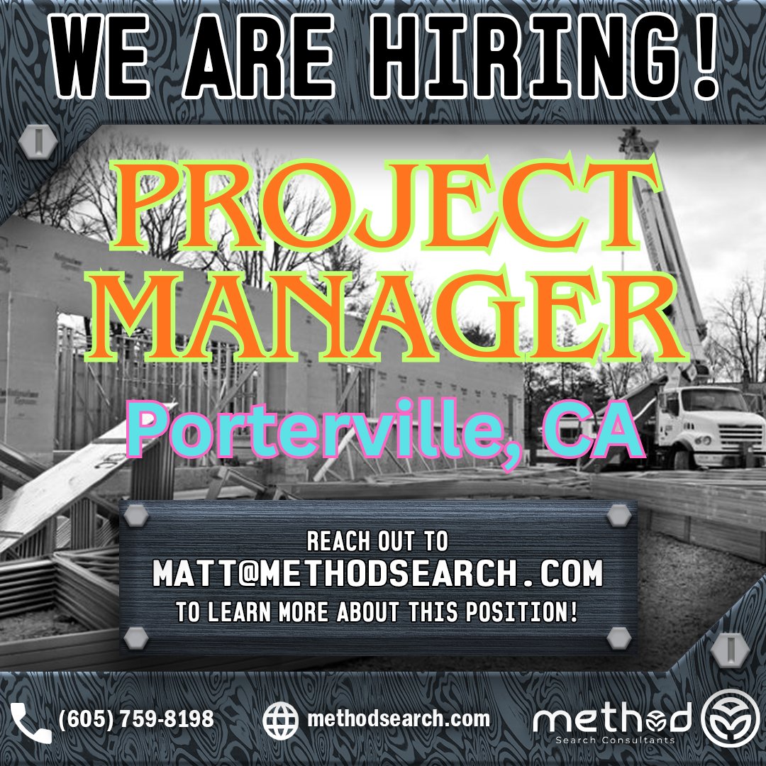 methodsearch's tweet photo. We are currently working to fill a Project Manager position in Porterville, CA for a Commercial Drywall company with a ton of upside opportunities.  This future is very bright and the upcoming jobs after this project are very exciting.  DM me for more details! https://t.co/YpMg66kmPB