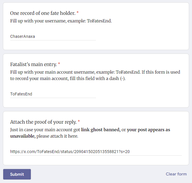 ToFatesEnd's tweet photo. How to fill the form for:

1. Your main account submission.
2. Your side account submission. https://t.co/DtCRFzLAse