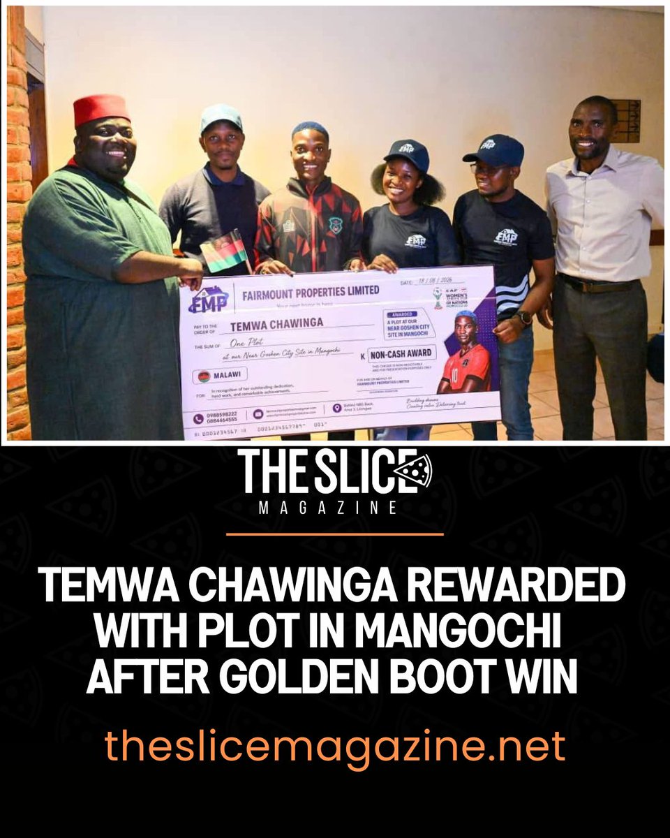 slicemagazine's tweet photo. Temwa Chawinga has been rewarded with a plot of land near Goshen City in Monkey Bay, Mangochi, for her outstanding performance at the 2026 WAFCON in Morocco. 🇲🇼

The plot was donated by Fairmount Properties Limited. https://t.co/BSIUnqkMqQ