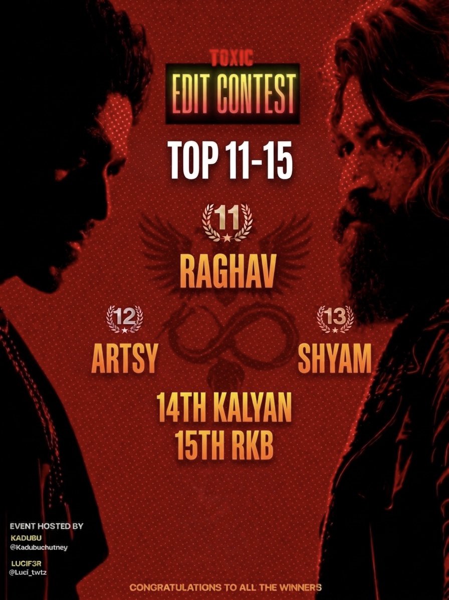 Kadubuchutney's tweet photo. WAIT IS OVER!! π§¨π₯
Unleashing the Monster Editors placed 11-15 in the #ToxicEdits event π
Congrats to all the Winners, these edits stood right beside the best of the best. You guys made it very difficult for the judges ππ»
π§΅edits in the comments.
#ToxicTheMovie https://t.co/56KiiL3Upy