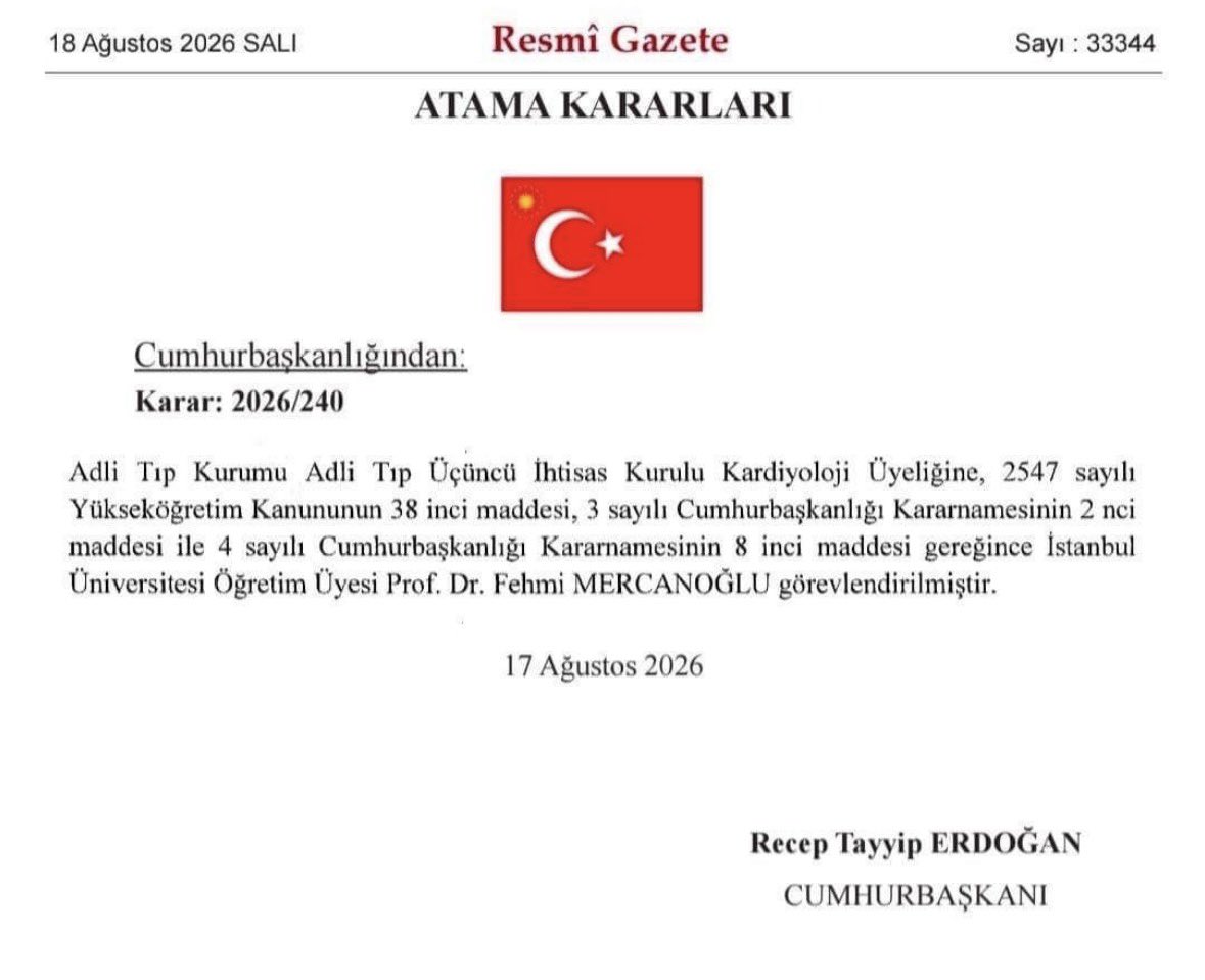 LaMzevirtl9's tweet photo. 🔴18 Ağustos 2026 tarihli Resmî Gazete’de dikkat çeken bir atama yayımlandı: 

🔹Adli Tıp Kurumu 3. İhtisas Kurulu Kardiyoloji Üyeliğine Prof. Dr. Fehmi Mercanoğlu görevlendirildi.

🔹Dikkat çekici olan ise zamanlama: Ahmet Arif Denizolgun’un kabri açılmadan (fethi kabir işleminden) hemen önce böyle bir atamanın yapılmış olması.

🔹Tesadüf mü? Elbette bunu söylemek için elde somut bir bağlantı yok. Ancak zamanlama, doğal olarak bazı soruları ve merakı beraberinde getiriyor. Kamuoyunun dikkatine…

#Süleymancılar #Alihankuriş #süleymanlılar