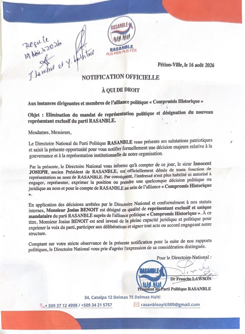 clindoeilinfo1's tweet photo. Le parti politique #RASANBLE annonce une réorganisation de sa représentation au sein de l’alliance Compromis Historique. Dans une notification signée par le Dr Franche LAWSON et adressée aux responsables et membres de l’alliance, en date du 16 août 2026, le Directoire national met fin au mandat de représentation d’Innocent JOSEPH. Ancien président de #RASANBLE, ce dernier n’est désormais plus habilité à représenter ou à engager le parti au sein de l’alliance, ni à exprimer ses positions officielles. Le parti a désormais désigné Josias BENOIT comme son représentant exclusif au sein de l’alliance. Il aura pour mission de participer aux discussions et de défendre les positions officielles de #RASANBLE.
Juste un clin d’œil !