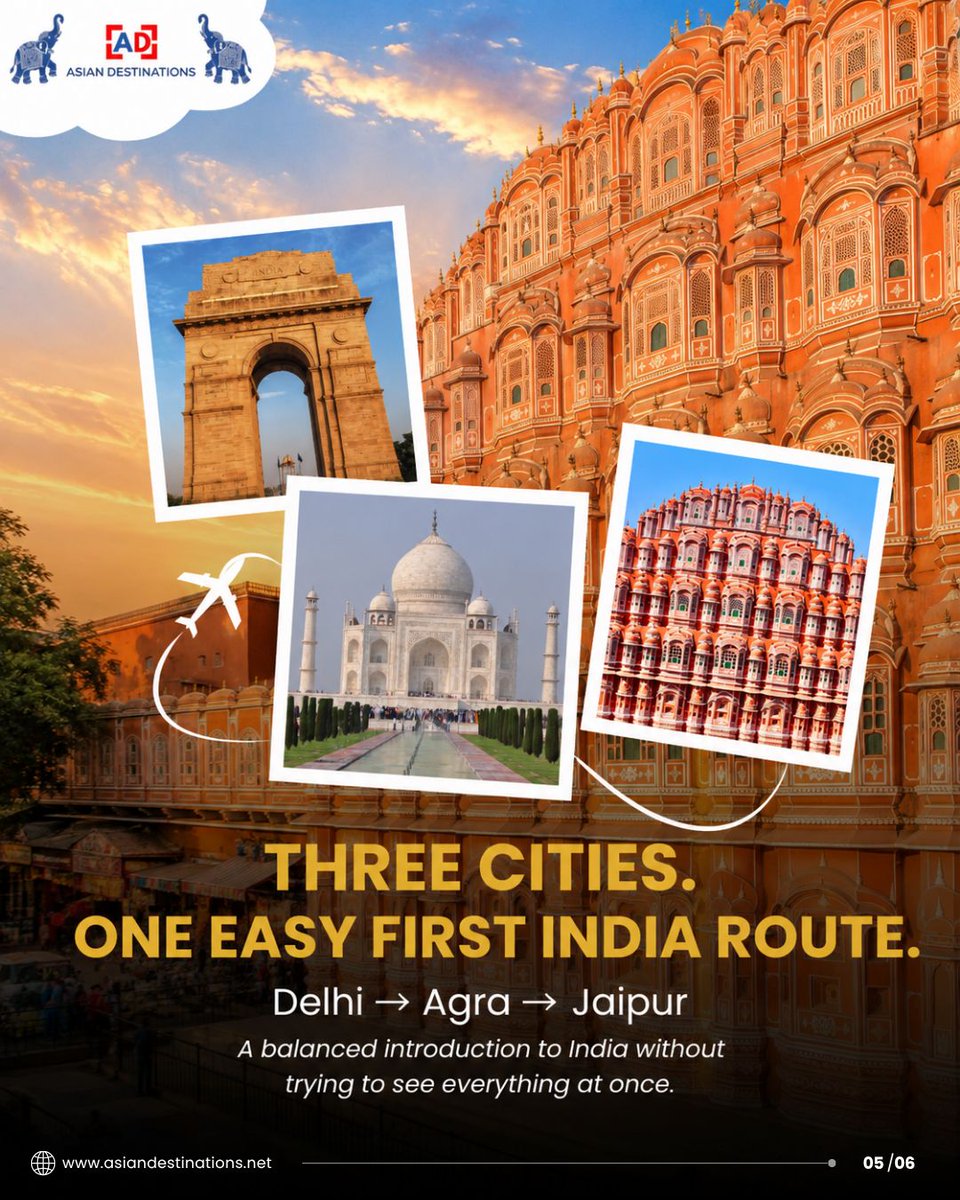 AsianDestintion's tweet photo. You do not need to see all of India on your first trip.
Delhi. Agra. Jaipur.
Three cities. Three different experiences. One classic introduction to India.
Plan your journey with Asian Destinations.
#AsianDestinations #ExploreIndia #IndiaTourism https://t.co/xflHbmskWS
