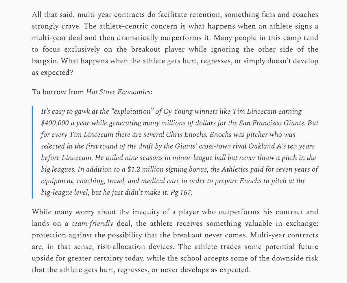 NoahImgLikeness's tweet photo. Many schools won't offer multiyear contracts because judicial enforcement of buyouts remains uncertain

We worry about overperforming athletes losing short-term upside

That focus can be shortsighted, foreclosing earnings protection for athletes who suffer injury or regression

My latest on @CollegeFrontO: https://t.co/FwOwYpDp7N