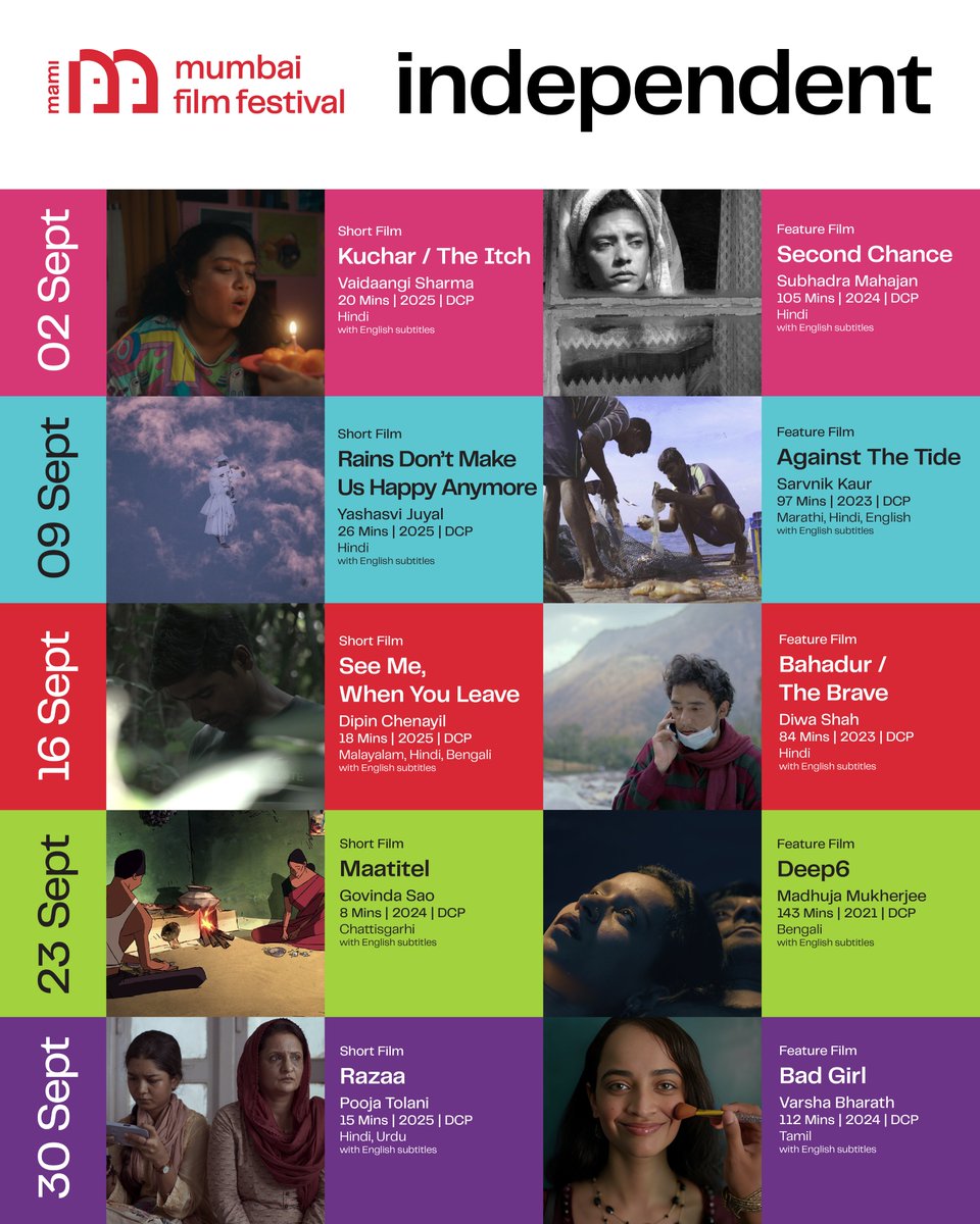 MumbaiFilmFest's tweet photo. As we inch closer to September, introducing MAMI Independent’s monthly line-up. Join us on Wednesdays at PVR Lido, Juhu, for a big screen experience like no other. https://t.co/UPEAIJYly9