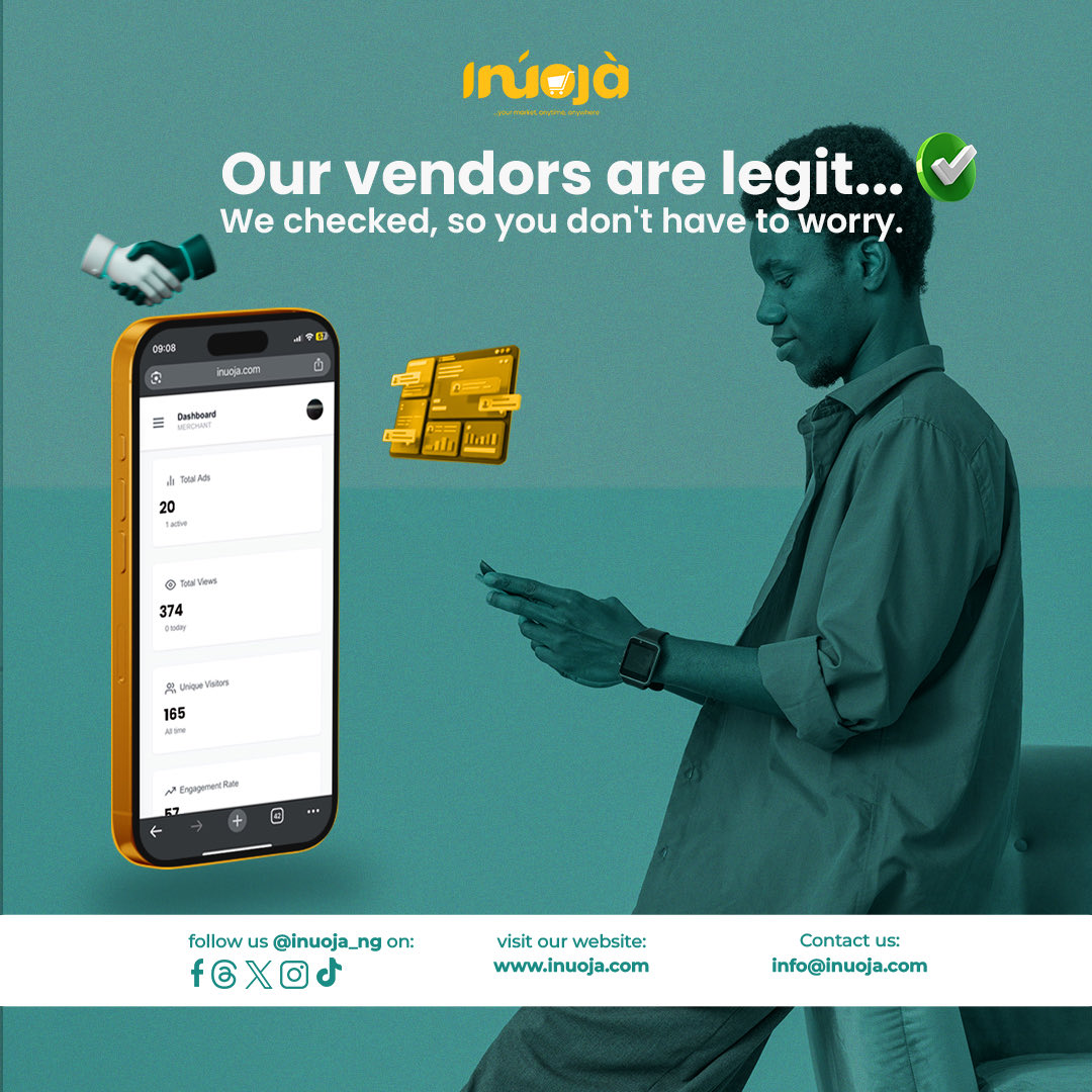 Inuoja_ng's tweet photo. One of consumers biggest fear when shopping online is .... 

"What I ordered vs. what I got," or worse sending money and getting blocked. 

At Inuoja, we are building a marketplace where trust comes standard.  

Every vendor is verified, and every transaction is secure. https://t.co/l9WqPZoAA1