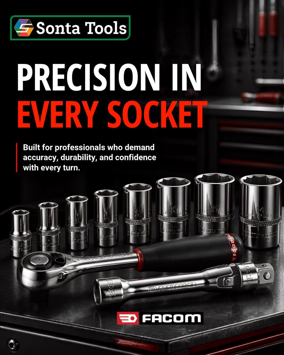 SontaSolutions's tweet photo. 🔧 FACOM Socket Set — Professional-Grade Performance

⚙️ Key Highlights:
• Premium-quality construction
• Precision-engineered for accurate fitting
• Excellent strength & durability
• Ideal for automotive, mechanical & industrial use
• Efficient tightening & loosening
• Reliable performance for demanding jobs

When precision matters, trust tools built to perform. 

📍 Sonta Tools – For Your Safety & Productivity
📞 800-SONTA (76682)
📧 Connect@sontatools.com
🌐 https://t.co/uaiZey8WxZ

#SontaTools #FACOM #FacomTools #SocketSet #ProfessionalTools #HandTools #IndustrialTools #AutomotiveTools #MechanicalTools #WorkshopTools #PrecisionTools #Engineering #Mechanics #ToolSet #UAE #Dubai