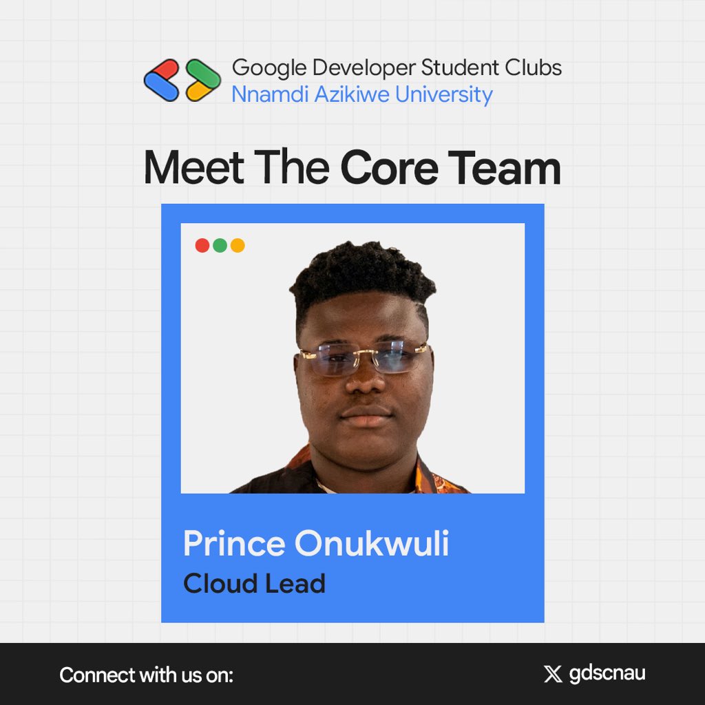 gdscnau's tweet photo. Introducing Our New Cloud Lead at Google Developers Group 🚀

Helping members explore cloud technologies, infrastructure, deployment, and the endless possibilities of building in the cloud. https://t.co/UHeXuT93Ma