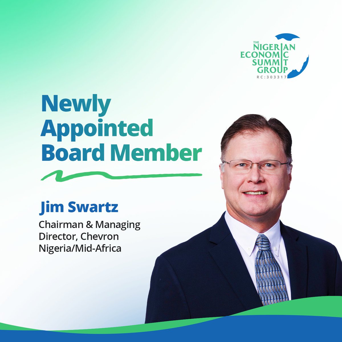 officialNESG's tweet photo. The Nigerian Economic Summit Group (NESG) hereby announces the appointment of Mr. Jim Swartz as a Director on its Board.

Mr. Jim Swartz is the Chairman and Managing Director of Chevron Nigeria/Mid-Africa, providing executive leadership for Chevron Nigeria Limited (CNL) and its affiliates across Nigeria and the wider Mid-Africa region, including Equatorial Guinea, Cameroon, Benin, Togo, and Ghana. He assumed the role in 2024 and is based in Lagos, Nigeria. In this capacity, he provides leadership across asset strategy and performance, operational execution and delivery, stakeholder engagement, government relations, and operational excellence across multiple geographies.

The appointment reflects the NESG’s continued commitment to strengthening its leadership with accomplished professionals whose expertise, experience, and strategic perspectives will support the Group’s mission of promoting sustainable economic development, inclusive growth, and private sector-driven transformation in Nigeria.

Read more via https://t.co/3W5kM1xzwe

#NESG