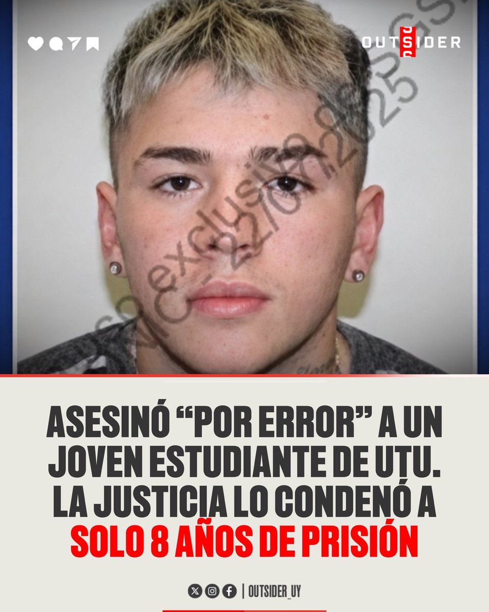 Outsider_uy's tweet photo. 🚨🇺🇾 | 8 AÑOS Y MEDIO POR MATAR A UN INOCENTE

Indignación por la condena al asesino de Jonathan Cancela, el estudiante de UTU de 28 años que recibió un disparo en la cabeza "por error" en 8 de Octubre.

El joven admitió los hechos mediante un proceso abreviado y la Justicia lo condenó a solo 8 años y 6 meses de prisión. Una vida inocente arrebatada y una pena que muchos consideran insuficiente.