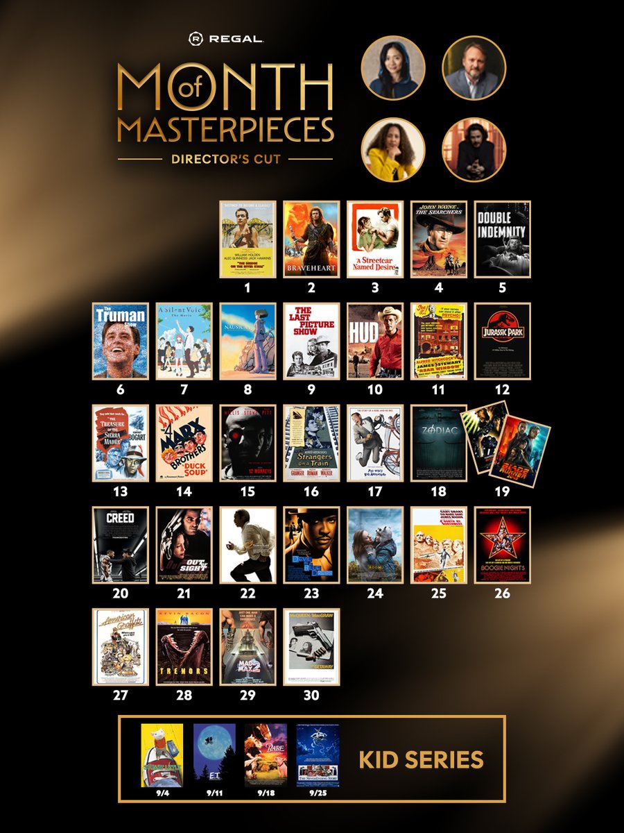 RegalMovies's tweet photo. What makes a masterpiece? 🎞️ We asked four acclaimed filmmakers to curate a week of films that inspired their careers, shaped their storytelling, and remain among the greatest movies ever made. Check out this month’s full lineup🎥 

With a different title every day from September 1 - 30, Month of Masterpieces invites you to see personal picks from celebrated directors Chloe Zhao, Rian Johnson, Gina Prince-Bythewood, and Edgar Wright. See these unforgettable films as they were meant to be seen, on the big screen, for just $7.99 a ticket. ✨Get tickets now: https://t.co/4iJAoB64GQ
