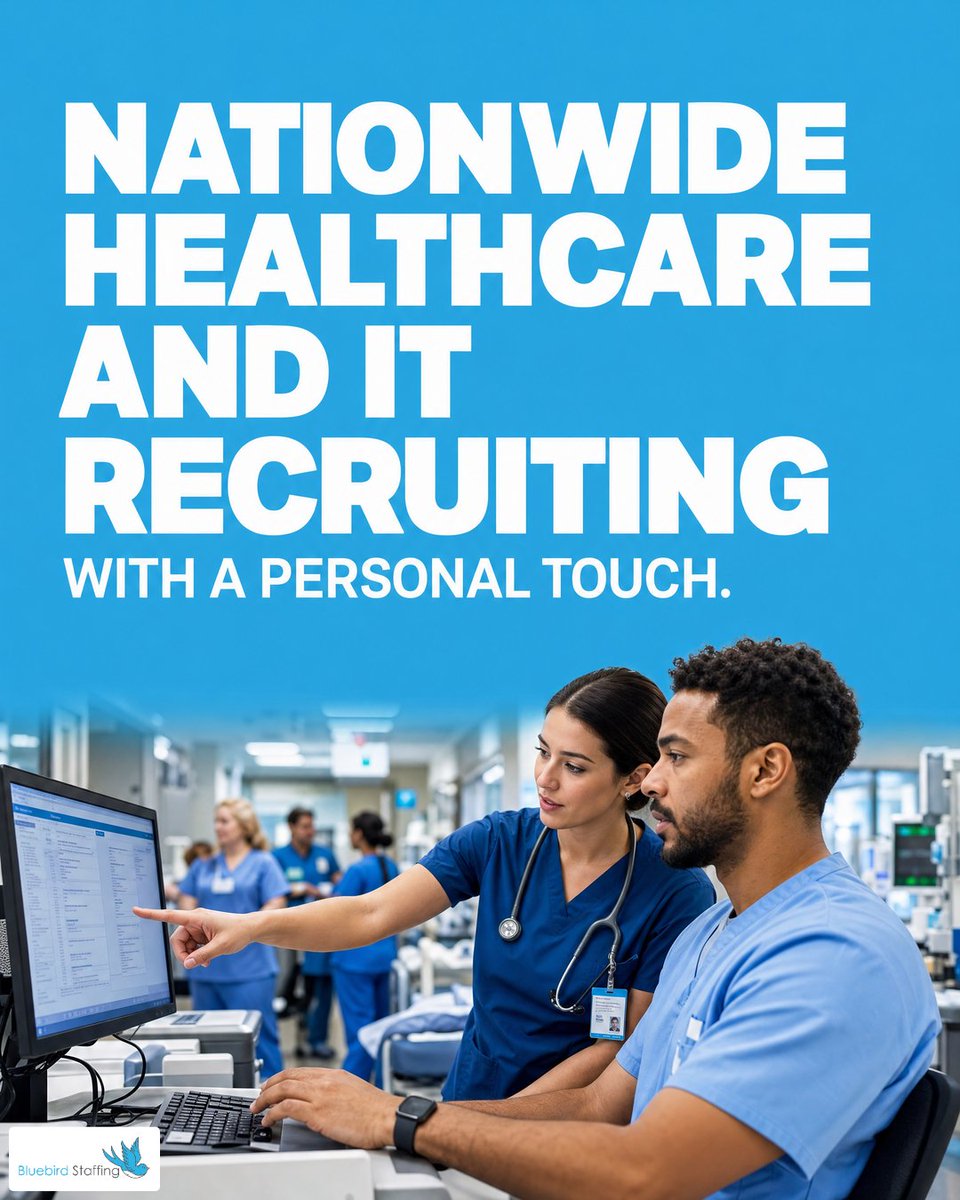 BluebirdStaff's tweet photo. Nationwide reach doesn’t have to mean impersonal recruiting. At Bluebird Staffing, we combine healthcare and IT recruiting expertise with the kind of one-on-one attention that builds stronger relationships and better matches. https://t.co/FpdtGfKzaK