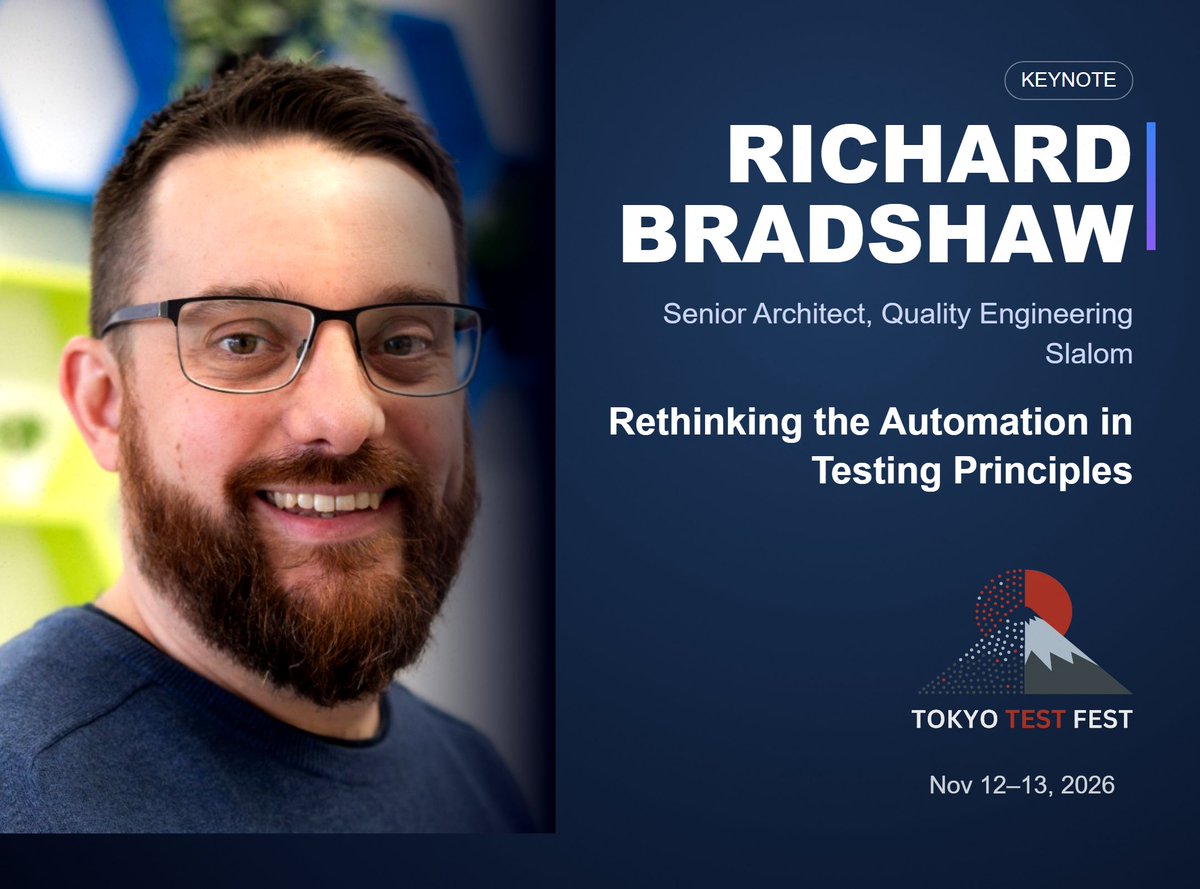 tokyotestfest's tweet photo. 📢 TTF 2026 キーノートスピーカーのご紹介!
Richard Bradshawさんにご登壇いただきます!
講演テーマは「Rethinking the Automation in Testing Principles」。テストにおける自動化の原則をあらためて問い直します!
詳細:https://t.co/UjjkPKZMjU
#TokyoTestFest #ソフトウェアテスト #QA https://t.co/mWixtw0w5c